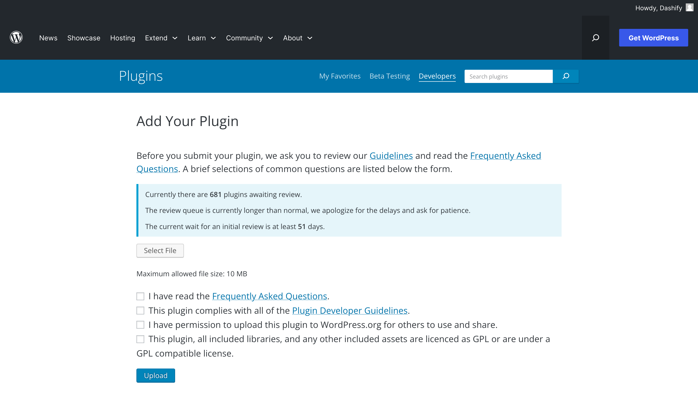 Screenshot of the WordPress extension submission page, with a notice on the page saying there are 681 plugins awaiting review, and the expected wait time is at least 51 days