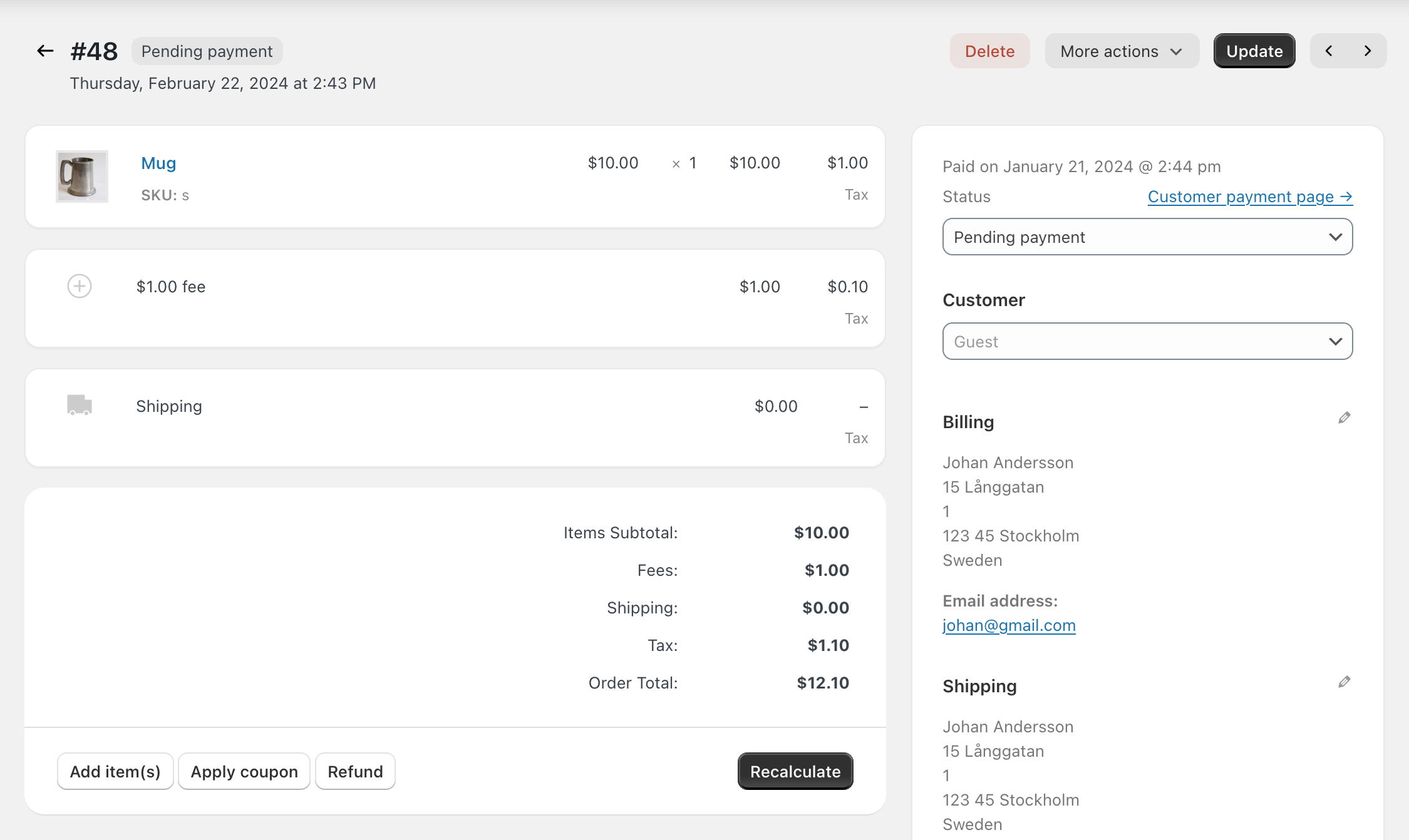 Screenshot of the WooCommerce order edit page, showing how the action buttons and line items look after recent changes.