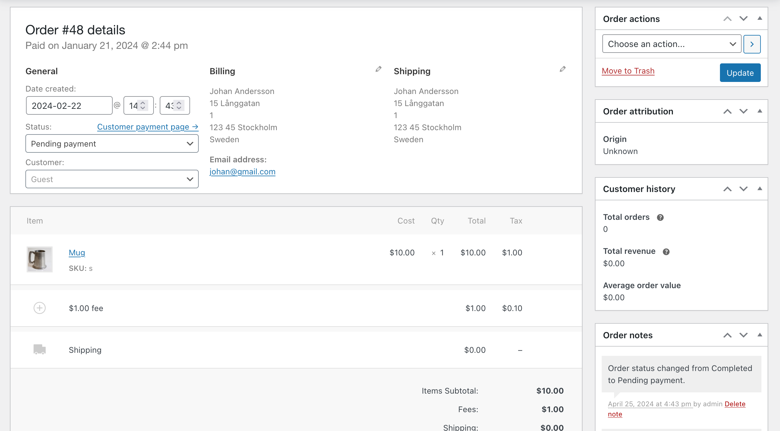 Screenshot of the WooCommerce order edit page without Dashify turned on. The overall style and layout is not as visually appealing.