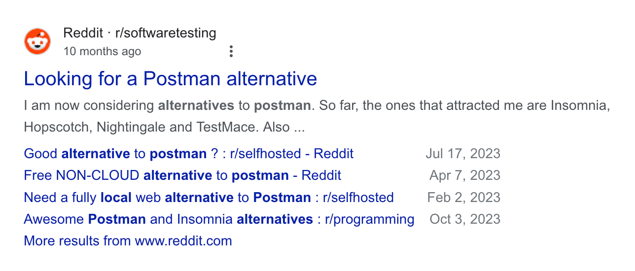 Screenshot of the Google search results for “local only api client postman alternative” showing many people asking for such a thing.