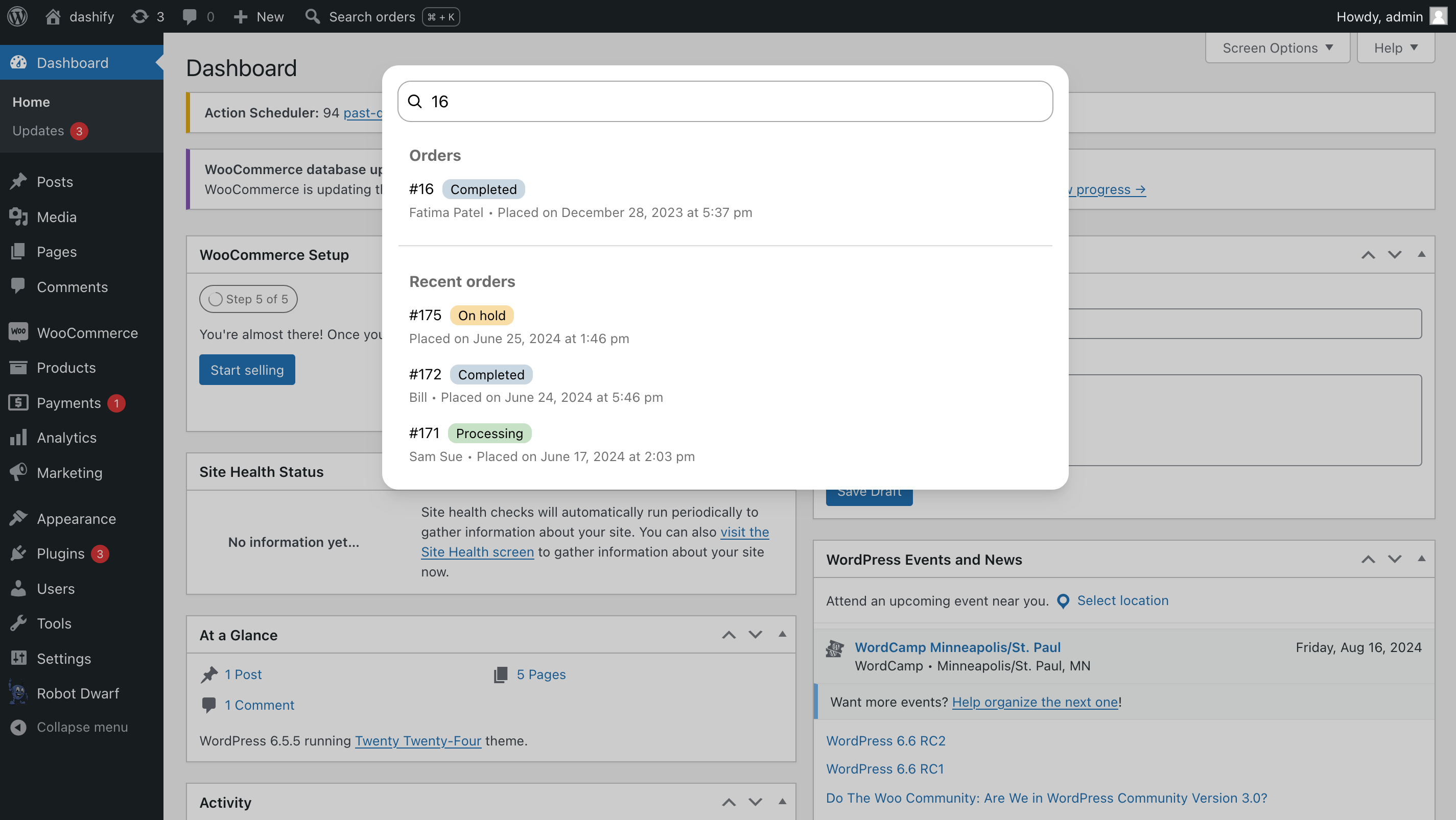 Screenshot of the WordPress admin dashboard with the Dashify Search popup open. A specific ID has been entered into the search, and a single result is showing for that ID. The single result has the order ID, the status, the name of the person who placed the order, and the time the order was placed.