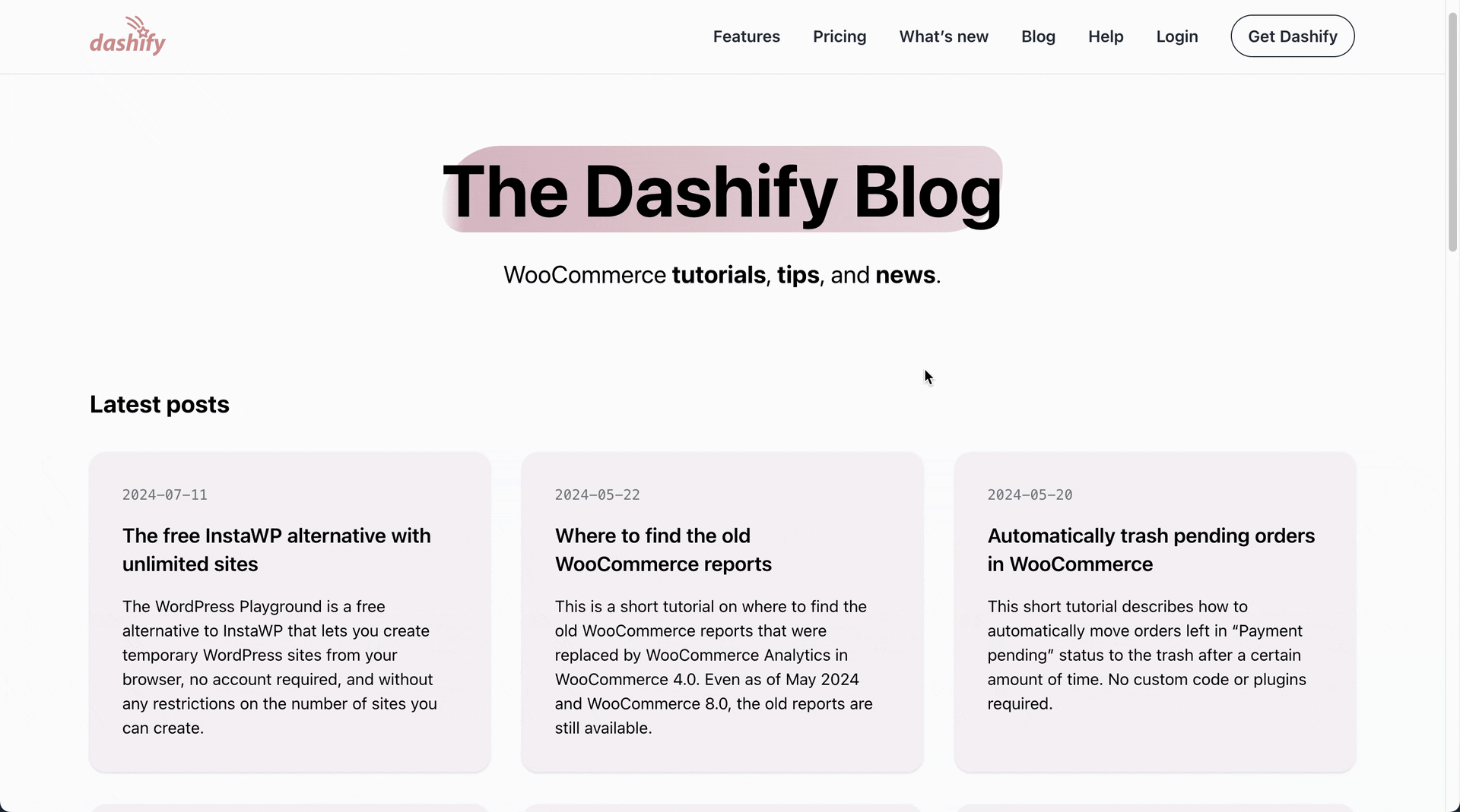 GIF of the blog list page for Dashify, with the mouse hovering over different parts of a blog card to show that any part of it is clickable despite the anchor tag being around the heading text only.