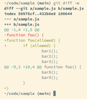 Screenshot of the output of git diff -w, which ignores whitespace changes, so the lines of code that were only indented aren’t shown as changed lines.