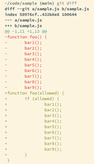 Screenshot of the output of git diff in a terminal, showing many lines of code as changed just because they’ve been indented.