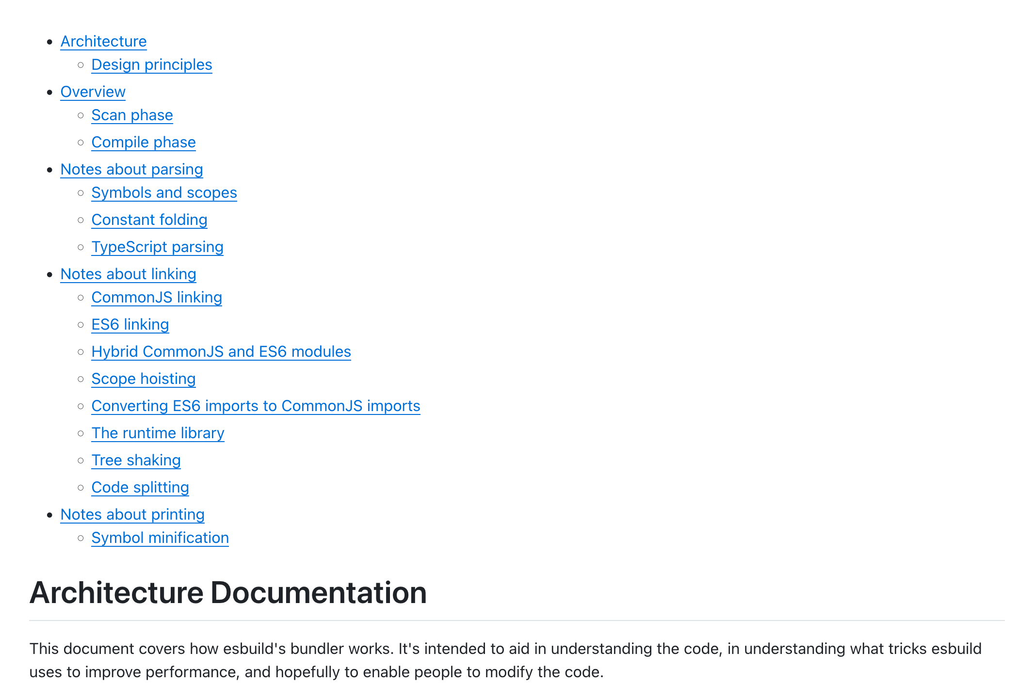 The table of contents and introductory paragraph of the esbuild architecture documentation.