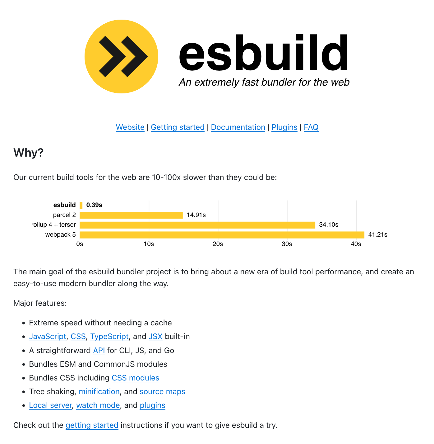 The short README for esbuild, with a logo, links, and a brief explanation of why someone would choose it over other bundlers.