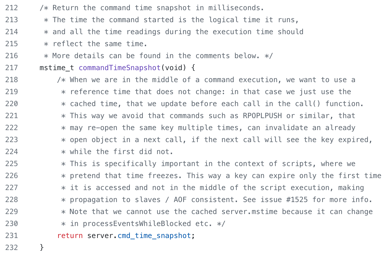 An example of a detailed code comment in the Redis source code, with a paragraph explaining a single line to provide full context.