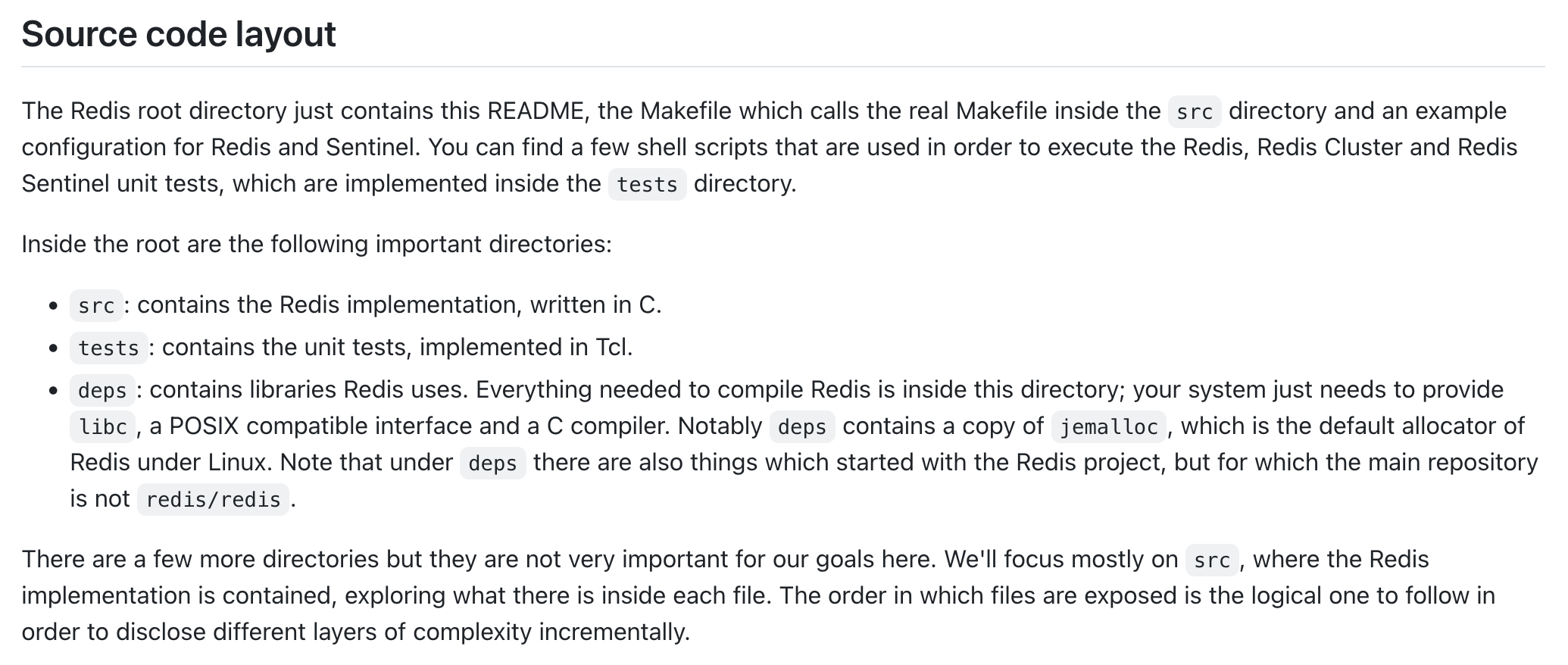 A section in the Redis README that talks about the layout of the source code.